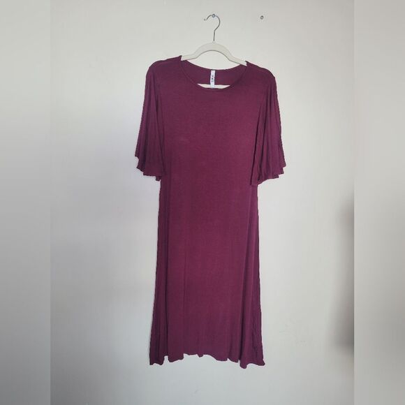 2Hearts Jersey Knit Dress Bell Sleeves Full Skirt Purple Midi Soft Casual Medium - Picture 4 of 10